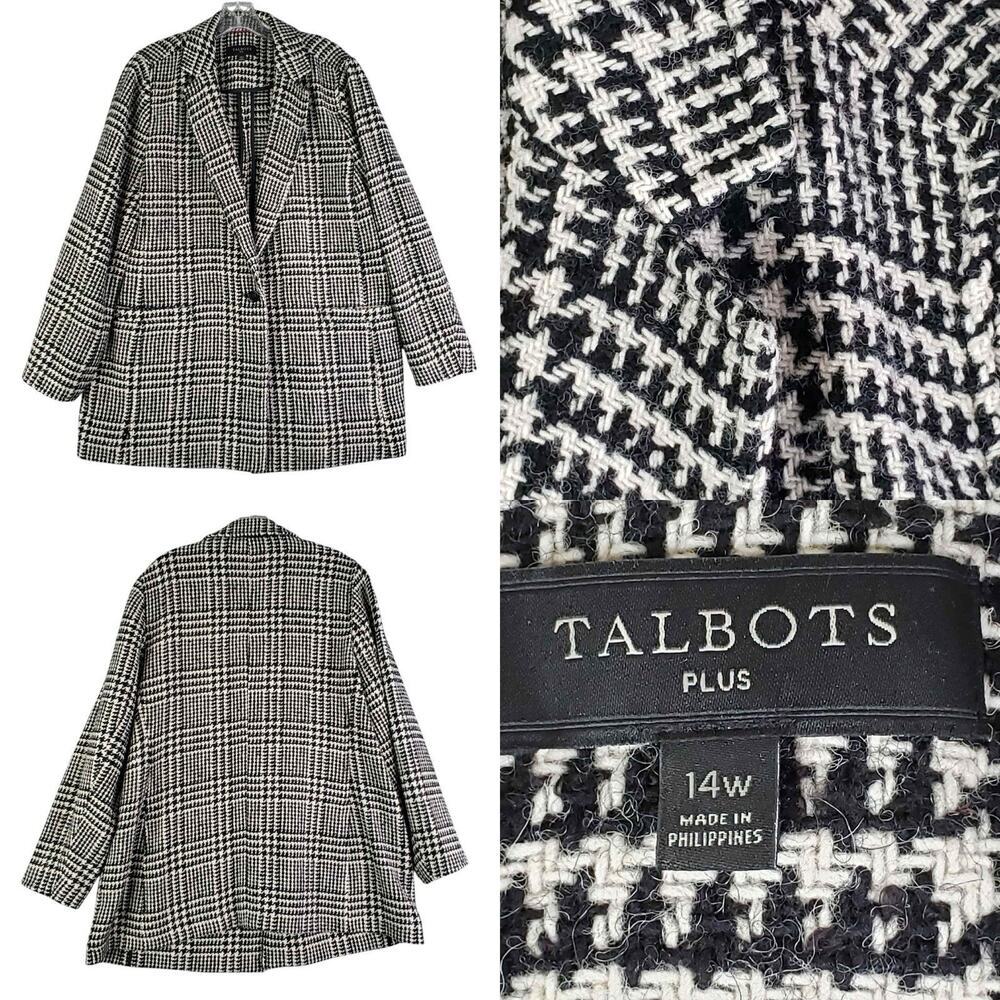 Talbots Blazer Jacket Womens Size 14W Wool Houndstooth Black White Lined